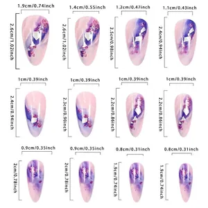 Size chart for purple marble almond press-on nails with silver foil in 12 sizes
