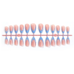 Faux ongles amande bleu français avec base nude et design 3D élégant pour femmes