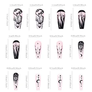 Size guide for long dark gothic press-on nails with star moon and rose designs