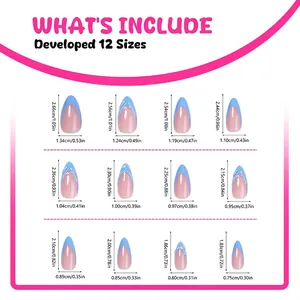 Guide des tailles pour faux ongles amande French bleus avec 12 mesures différentes