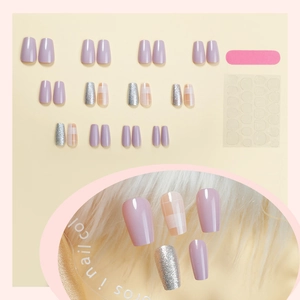 French gradient press-on nails in lilac purple with glitter and plaid patterns