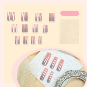 Pink metallic long square press-on nails with glitter gradient and full application kit