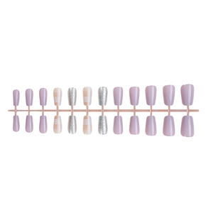 Short squoval lilac press-on nails with silver glitter and retro checkered patterns