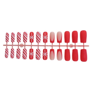 Christmas false nails with red and white candy stripes and snowflake patterns set