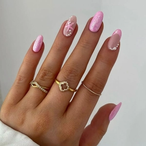 Unghie Finte A Pressione Rosa Glitter Mandorla Stile Francese Decorazione Künstliche Perle Stella Marina Manicure Lucido Dolce