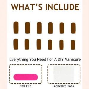 Pink metallic press-on nails size chart with 12 sizes, nail file, and adhesive tabs