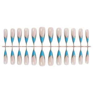 French style 24pcs long almond press-on nails with blue and silver glitter V-shape tips