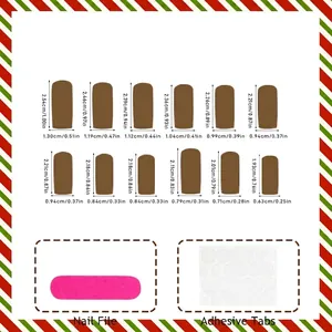 Christmas press-on nails size chart with 12 sizes of red white stripe and glitter flakes