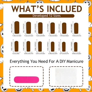 Extra long Halloween press-on nails size chart with 12 sizes, length and width measurements