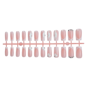 Kit de 24 faux ongles French nude avec fleurs 3D et strass brillants à presser