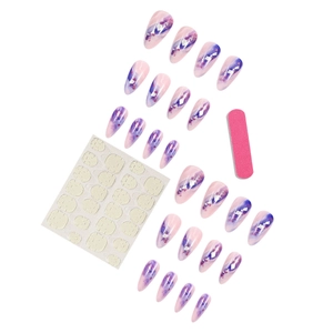Purple marble press-on nails in almond shape with glitter and silver foil accents