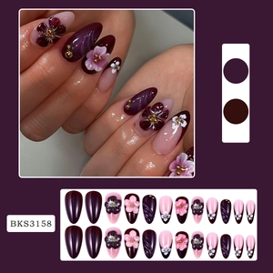 Press On Nails French Style Almond Medium Length Fake Nails With 3D Relief Flower Metal Beads Purple Pink DIY Manicure