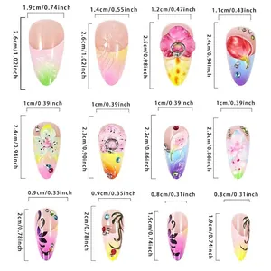 Guide des tailles pour faux ongles amande 3D avec 12 tailles de 0,8 cm à 1,9 cm de large