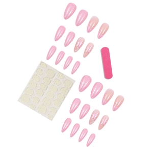 Unghie a mandorla rosa glitter con perle e fiocchi 3D, set manicure completo da 24pz