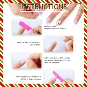 Visual guide for applying Christmas press-on nails with lavender and daisy designs