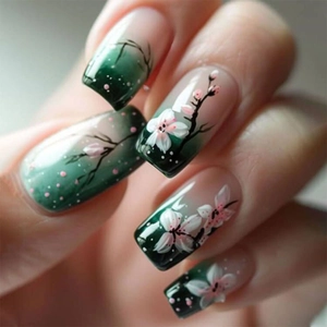 Dark Green Gradient Flower Press On Nails Cherry Blossom Pattern Glossy Square Artificial False Fingernails For Manicure
