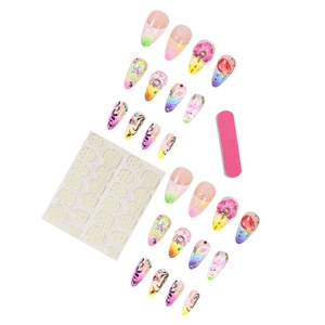 Faux ongles amande avec fleurs 3D en relief, dégradé de couleurs et strass brillants