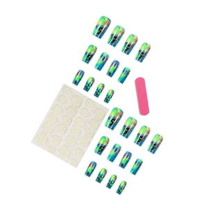 Glossy green aurora lightning pattern long square press-on nails set with application tool kit