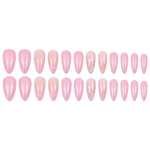 Unghie finte a mandorla rosa glitterate con perle e farfalle, set da 24 pezzi eleganti