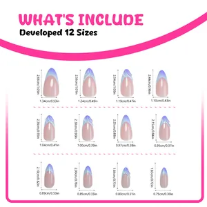 Guide des tailles pour faux ongles bleus French Almond avec 12 tailles et mesures précises