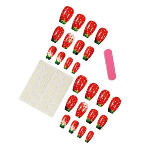 24pcs strawberry press-on nail kit with red polka dots and green leaf designs