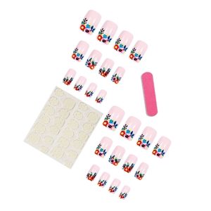 Faux ongles roses à motifs floraux colorés avec autocollants et lime à ongles portable