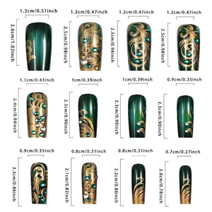 Size chart for dark green and gold rhinestone press-on nails in various dimensions