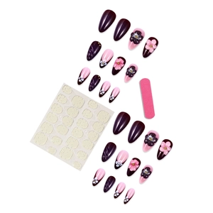French brown almond press-on nails with 3D flower relief and complete DIY tool kit