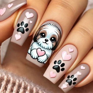 Cute Puppy Press On Nails Sweet Fresh Medium Length European Square Fake Nails With Heart And Paw Print