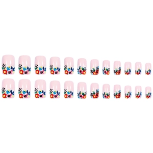 24 faux ongles fleurs colorées avec base rose clair et finition brillante