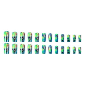 24pcs long coffin press-on nails featuring marble textures in green, blue and yellow