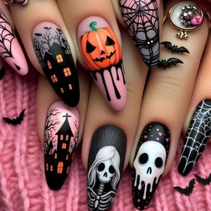 Halloween Stiletto Kunstnägel mit Kürbis, Totenkopf und Spinnennetz Nagelkunst Designs