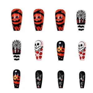 Size chart for Halloween press-on nails featuring pumpkin and skull designs with 12 sizes