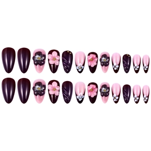French brown and purple almond press-on nails with 3D floral accents and gold beads