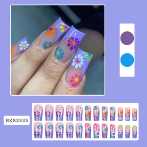Purple French square press-on nails set with colorful hand-painted flower designs