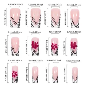 Size chart showing 12 sizes of leopard and floral press-on nails with measurements