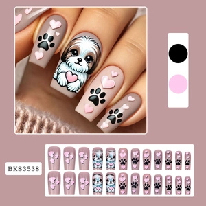 Cute puppy design medium square press-on nails set with pink hearts and 24pc nail tips