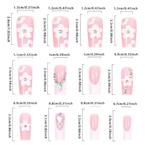 Size chart showing 12 pieces of French floral press-on nails with dimensions and rhinestone detail