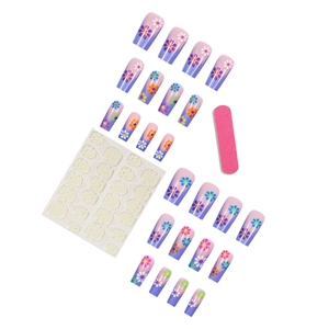 French purple gradient press-on nails with floral patterns, glue stickers and nail file kit