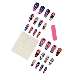 Halloween press-on nails with pumpkin, ghost, and bat art in long coffin shape