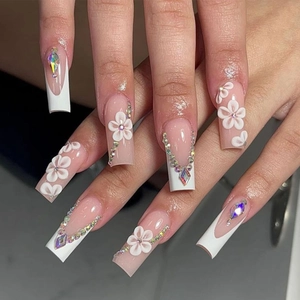 Press On Nails French White Tip 3D Flower Rhinestone Glitter Long Square Fake Nails For Women Manicure Decor