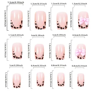 Size chart showing 12 square press-on nails with leopard print and pink bow designs