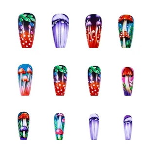 Size chart showing 12 different mushroom themed press-on nail dimensions in cm and inches