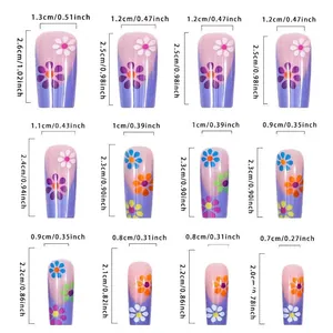 Size chart for purple floral French press-on nails with 12 pieces in varied dimensions