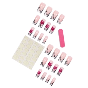 Square long press-on nails set with pink floral, zebra and leopard print designs