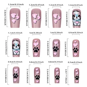 Size chart for cute puppy press-on nails showing 12 long square faux nail measurements