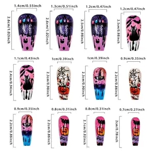 Size chart showing 12 different Halloween press-on nail dimensions in cm and inches