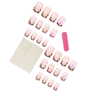 Pink leopard french press-on nails set with 3D bows, glue stickers, and a mini file