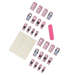 Cute puppy press-on nail kit with purple heart designs and square faux nails