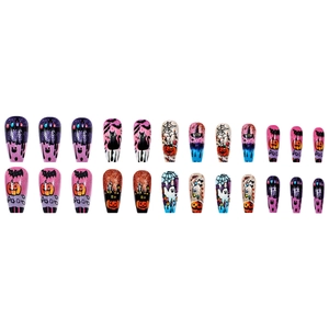 Halloween press-on nails featuring pumpkin, ghost, and spider web designs in long coffin shape